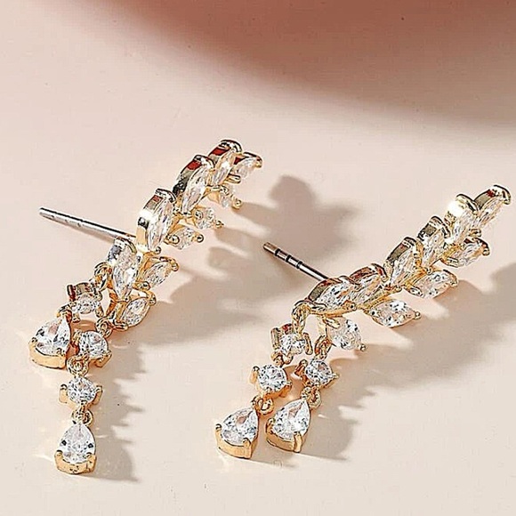 Gold Zircon Leaf Tassel Ear Climber Crystal Rhinestone Earrings - Picture 8 of 10